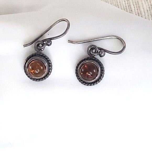 Amber Sterling 925 Silver Earrings Small Circle Drop Jewelry - Picture 5 of 6